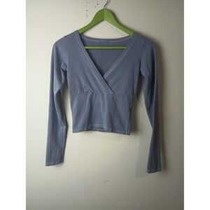 John Galt Brandy Melville Blue V-Neck Long Sleeve Faux Wrap Cropped Top One Size